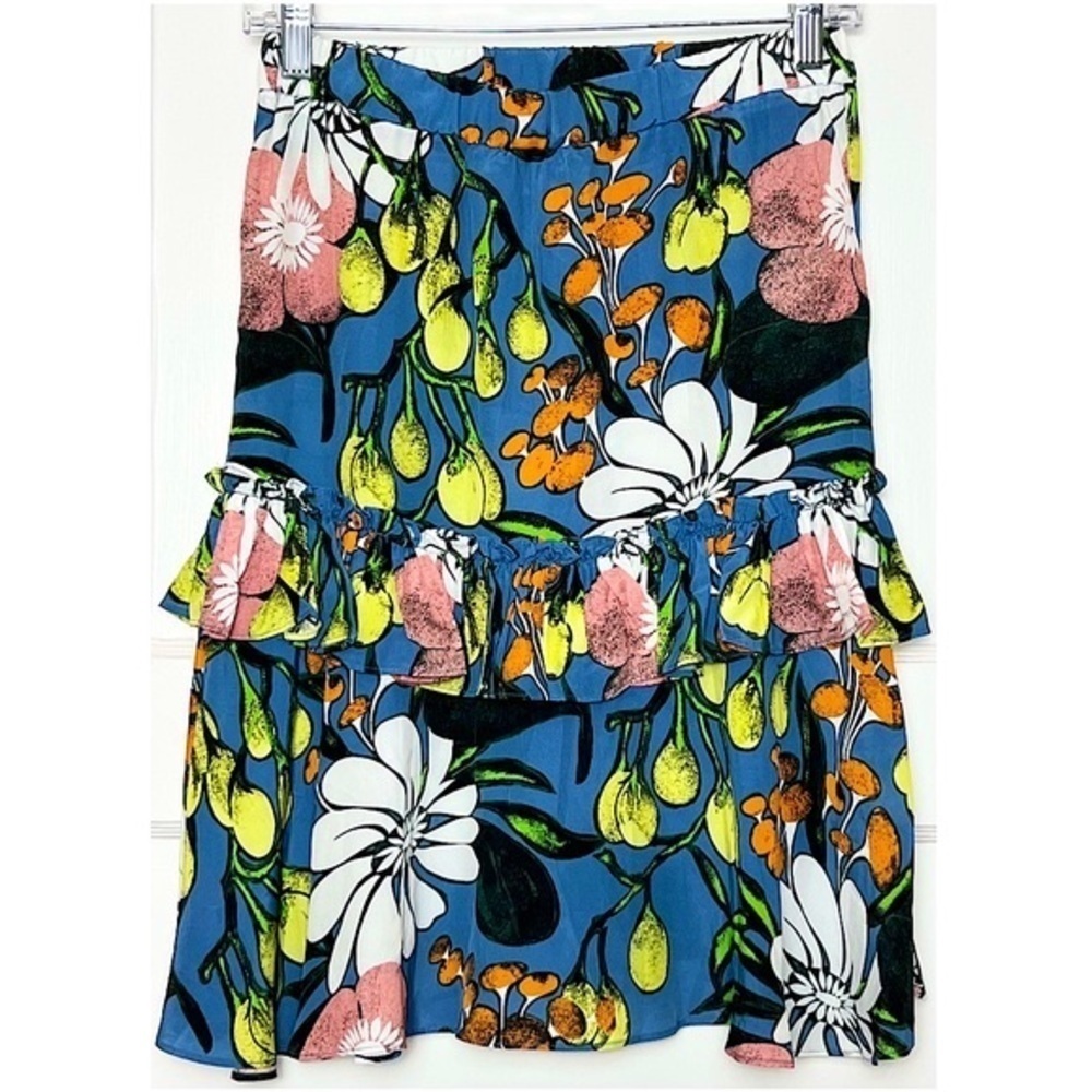 NWT MARNI Silk Viscose‎ Iris Blue Floral Print Ruffle Tier A-Line Mini Skirt XS
